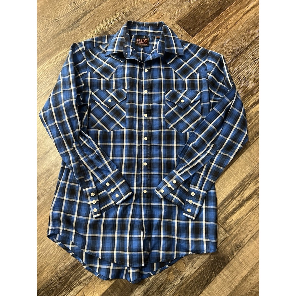 Plains‎ Western Wear Shirt Size Small Blue Black Check Pearl Snap Long Sleeve